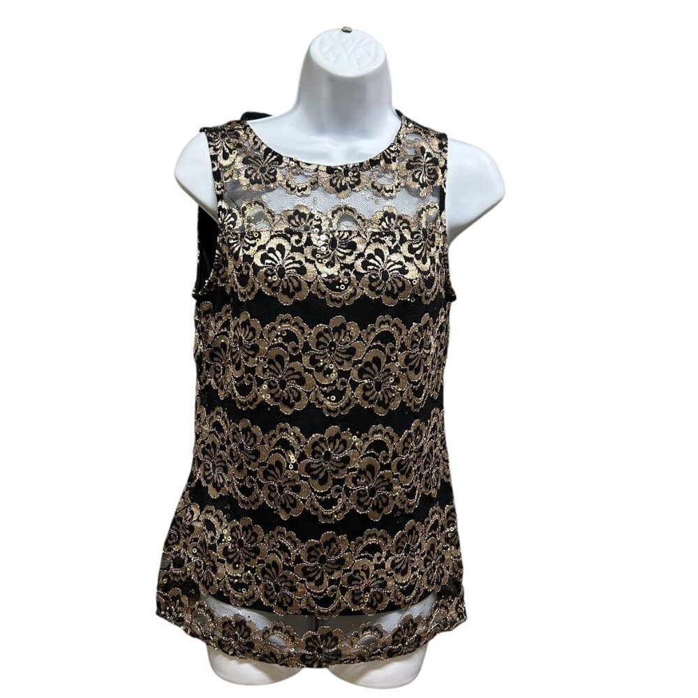 Black Collection Illusion Neckline Black Gold Sequin Sleeveless Blouse Size M